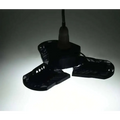 Black plastic three-bladed ceiling fan with central motor housing and visible wiring for deformable lamp garage light adjustable panels
