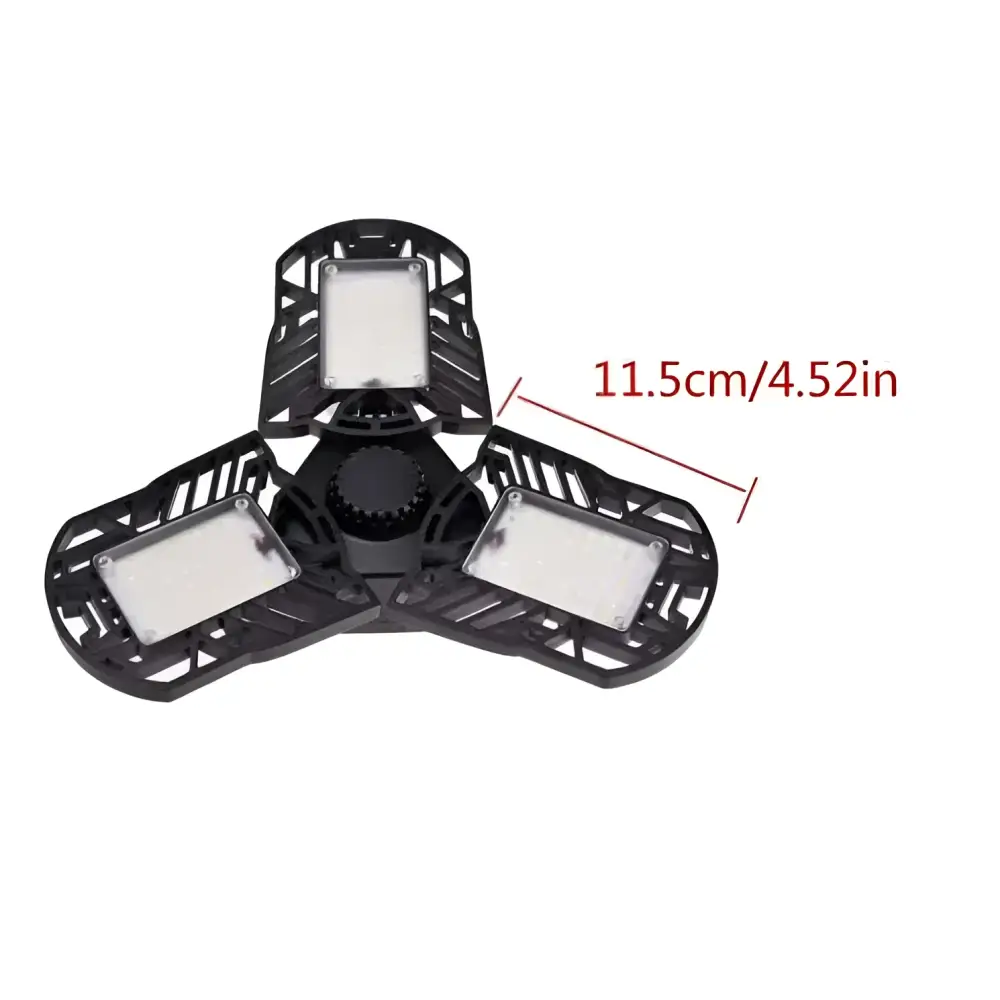 Black triangular deformable lamp garage light with three illuminated panels and central gear-like adjustable mechanism