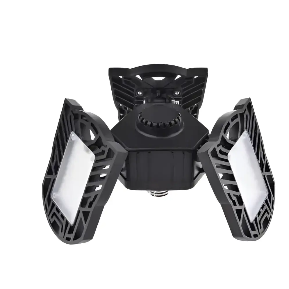 Black plastic deformable lamp garage light with three adjustable panels for customizable ceiling lighting