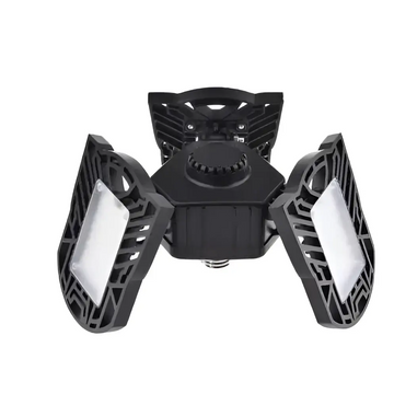 Black plastic deformable lamp garage light with three adjustable panels for customizable ceiling lighting