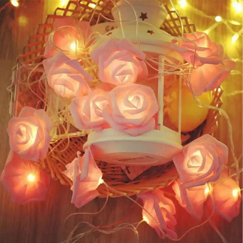 Delightful rose lights featuring pink led roses nestled in a woven basket for decorative use
