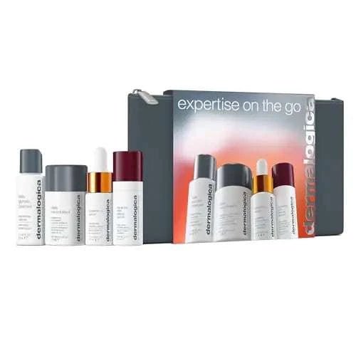 Dermalogica Expertise on the Go – Travel Size Skin Care Gift Set Contains Face Cleanser Exfoliator Serum Moisturizer with SPF and Skincare Bag - Royalessencelux