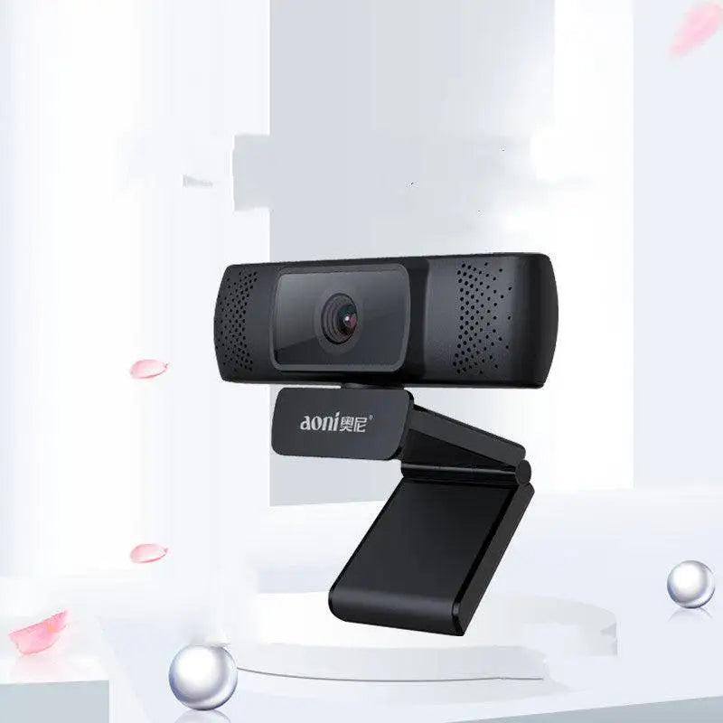 Black aoni desktop computer teaching camera with sleek rectangular design, perforated side panels, and adjustable stand