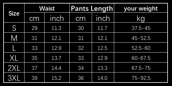 Size chart for high waist fitness gym athletic yoga pants showing pants measurements in centimeters and inches from size s to 3xl with recommended weight ranges.