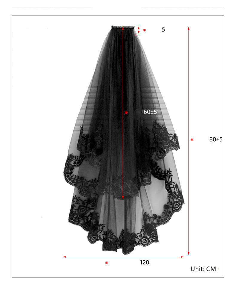 Black veil short lace headdress featuring layered tulle and intricate floral embroidery along the hem.