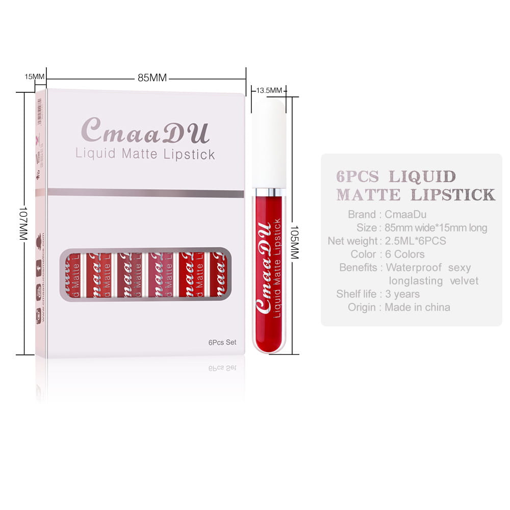 Cmaadu brand 6 piece matte waterproof lipstick long lasting set features six vibrant red shades in glossy transparent tubes housed in a sleek white box, ideal as a cup waterproof lipstick and for waterproof lipstick long wear.