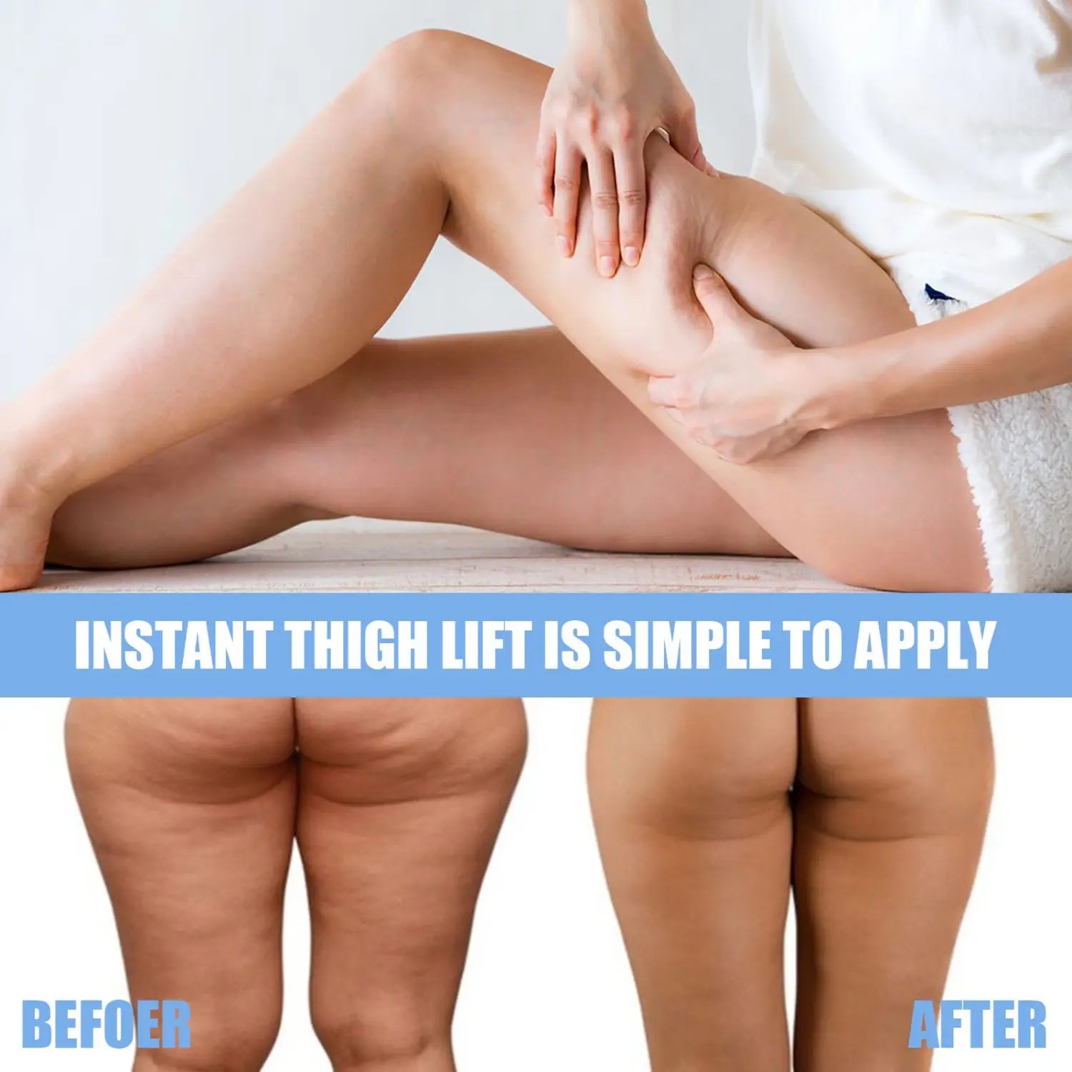 the transparent thigh lifting tape 10 piece pack shows a before and after comparison of thigh lifting results with smoother skin and more defined contours on the after side.