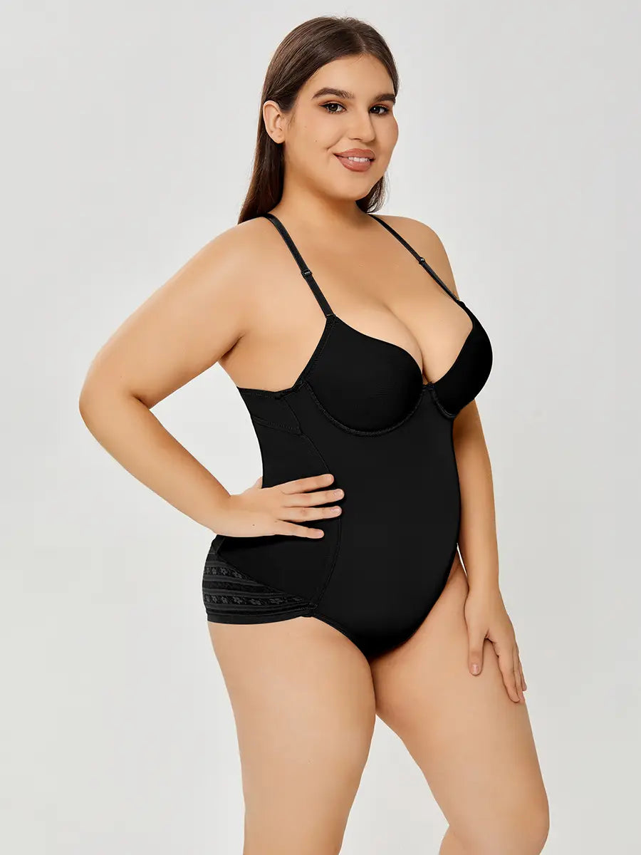 plus size ultra firm control black bodycon shapewear with thin straps and decorative lace trim at the waistband designed as a firm control body shaper.
