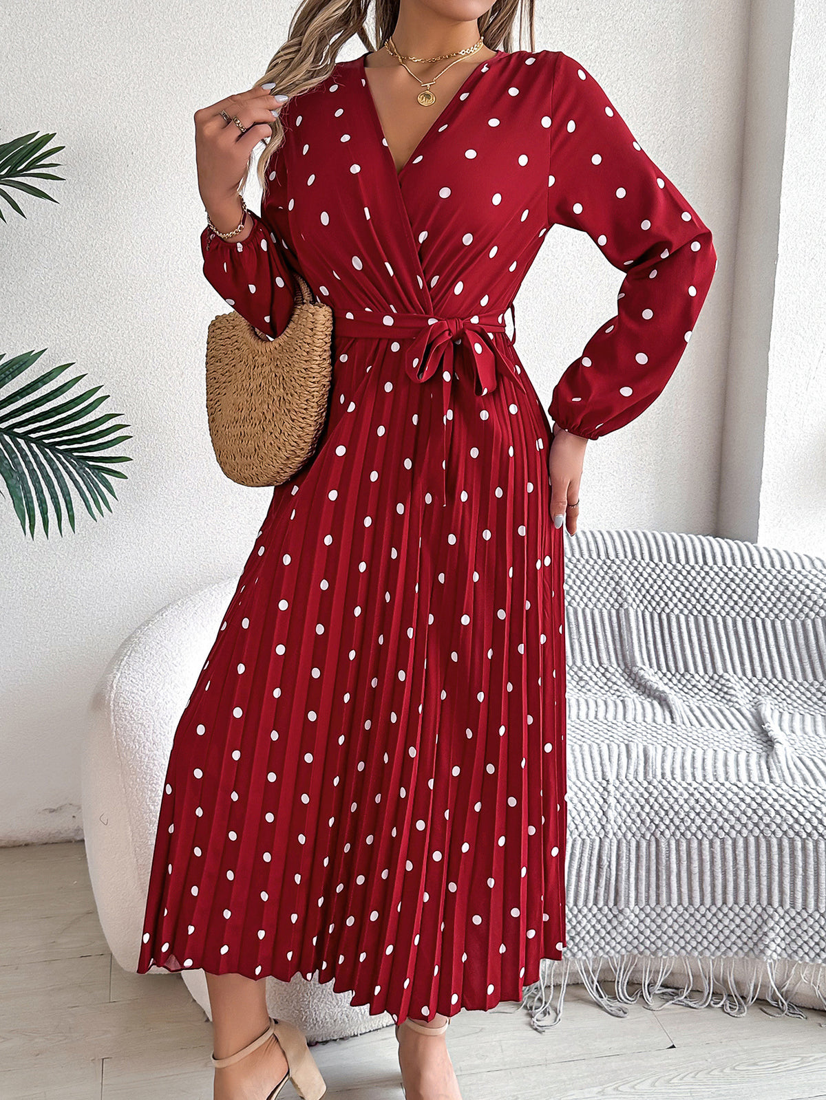 Women's Polka Dot Cross V-Neck Long Sleeve Pleated Maxi Bridesmaid Dress