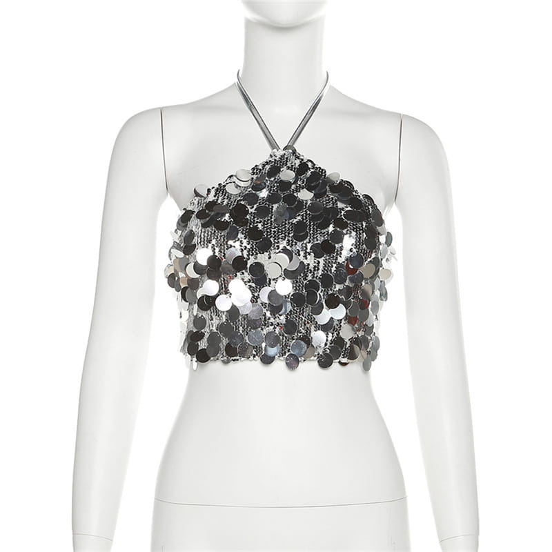 silver halter backless sequined vest featuring a shiny silver sequined halter top with sparkling glittery texture and crisscross neckline