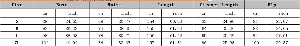 Size chart for a pink long sleeve sequined sheath fishtail evening dress displaying measurements in centimeters and inches across sizes S to XL.