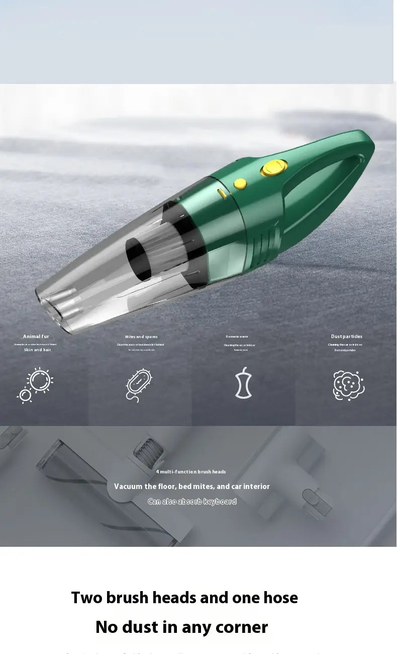 green small wireless car vacuum cleaner with hose featuring a handheld design, transparent dust collection chamber, and yellow control buttons for efficient household small wireless cleaning.