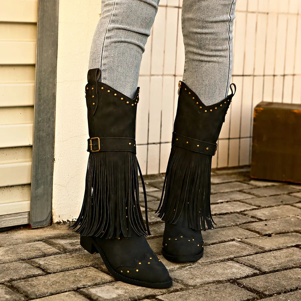 retro winter fashion fringed suede cowboy boots in black with gold-tone studs and fashion square heel detailing
