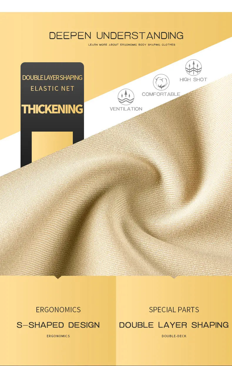 A high waist body shaper in soft golden-hued fabric with a smooth texture and subtle sheen designed for tummy control and fat burning high butt lifting.