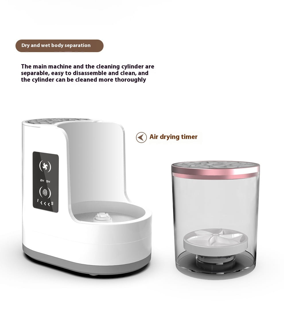 electric makeup brush cleaner with digital timer featuring a white and translucent cylindrical pet fountain design with rose gold rim and a detachable cleaning cylinder for easy maintenance.