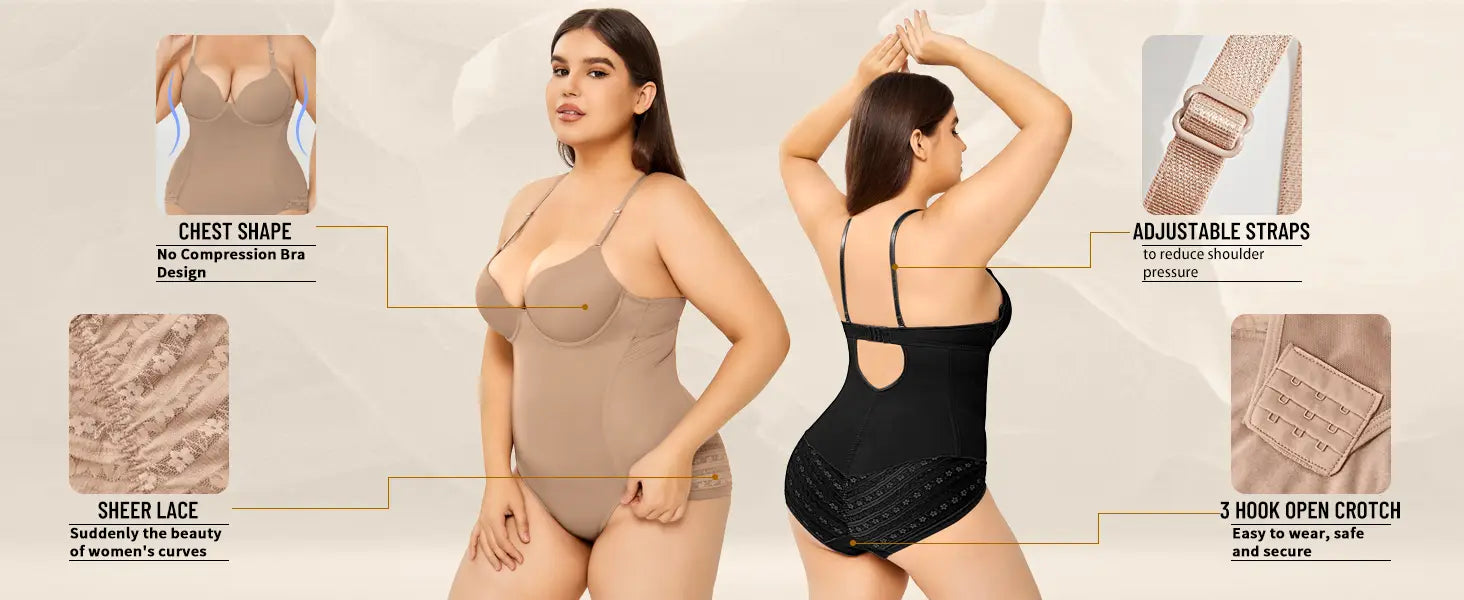 beige and black plus size ultra firm control body shaper swimsuit featuring sheer lace detailing, adjustable straps, and a 3-hook open crotch design for firm control body shaping