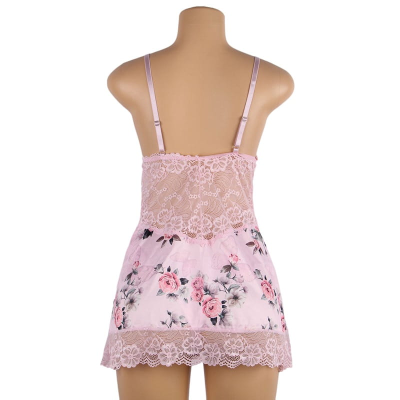 plus size embroidery patchwork lace sleeping dress in pink floral lace with delicate rose and leaf patterns featuring thin spaghetti straps and a scalloped hem