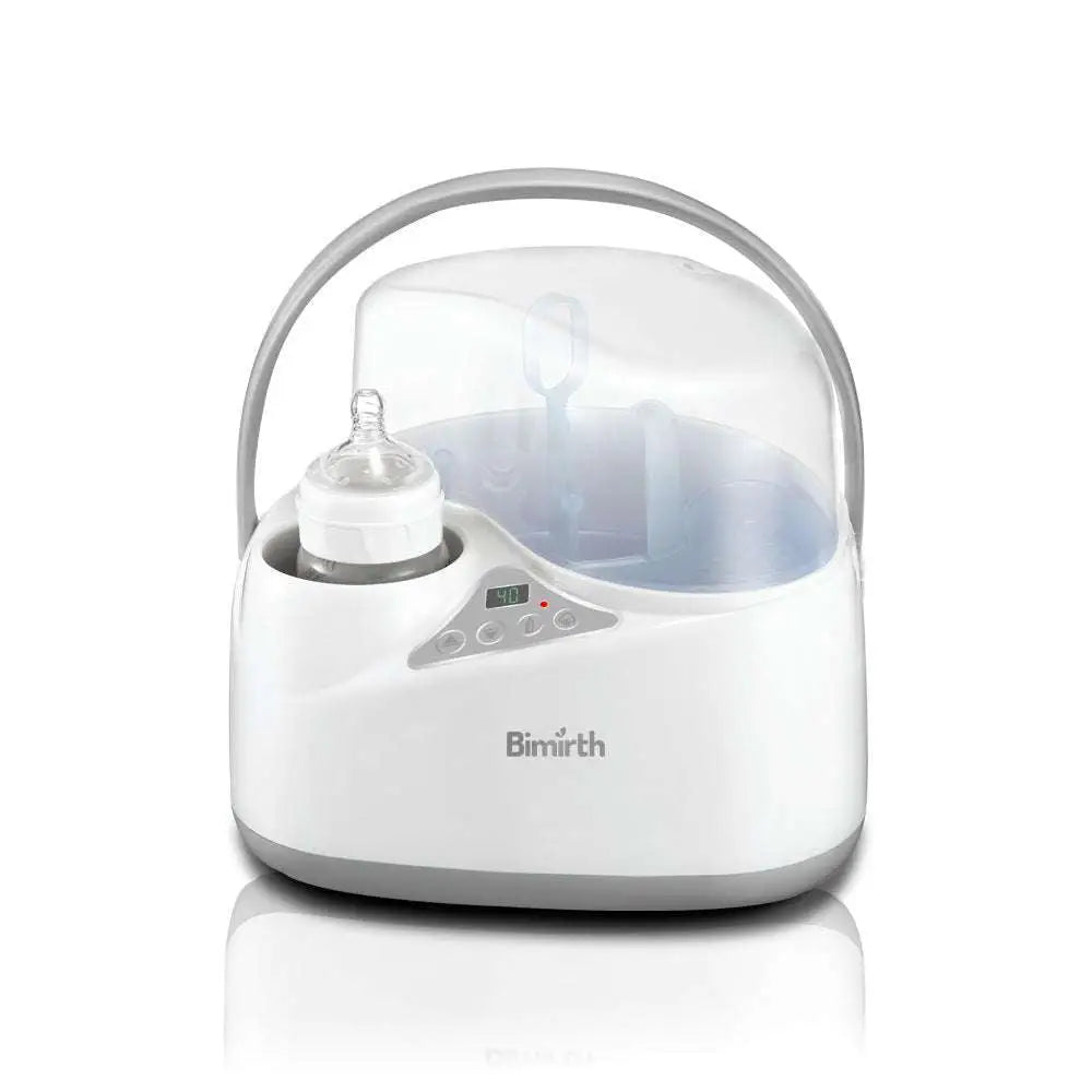 White and gray digital baby bottle sterilizer with clear dome lid, carrying handle, digital display, and control buttons