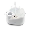 White digital baby bottle sterilizer with clear dome lid, perforated top tray, and control panel for effective sterilization