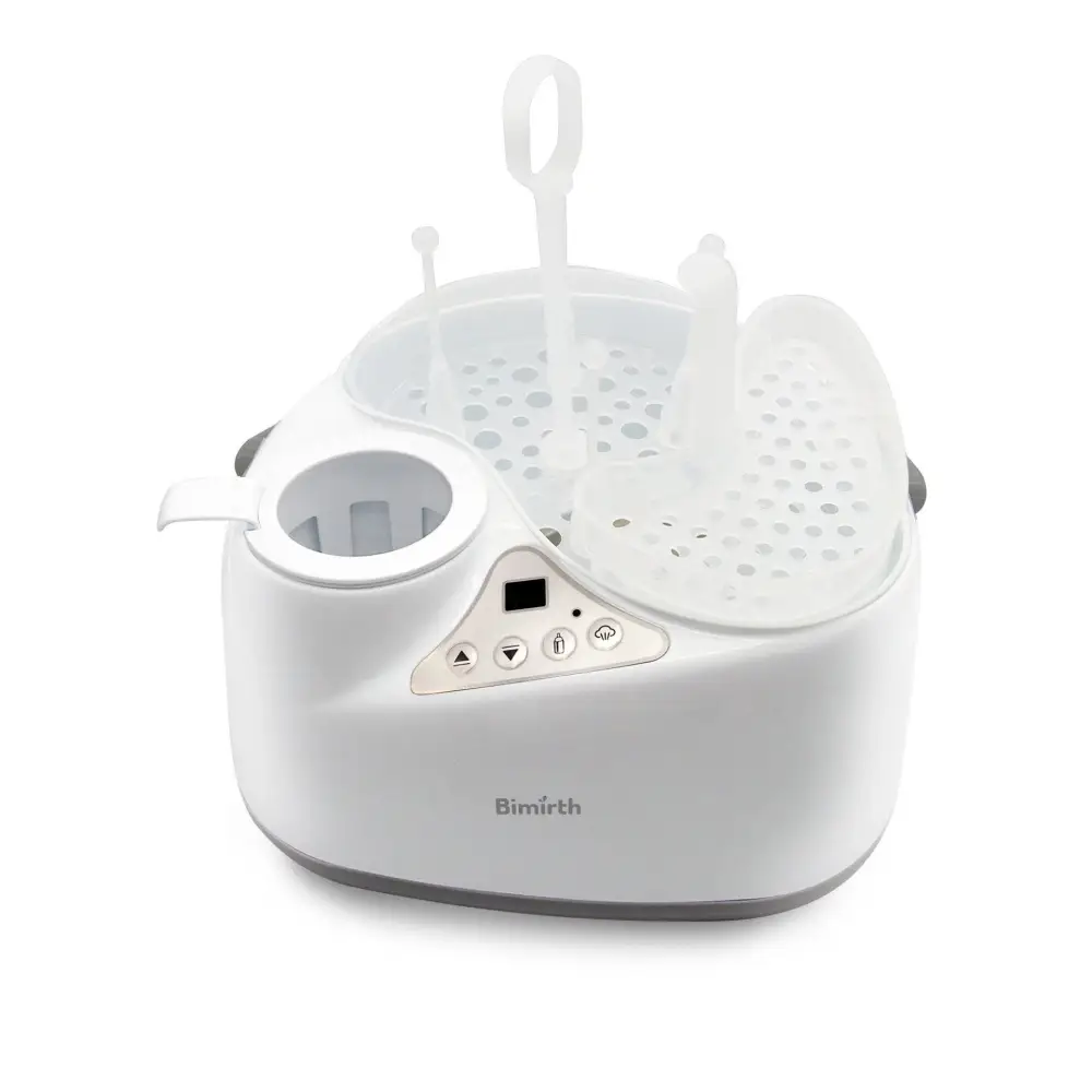 White digital baby bottle sterilizer with clear dome lid, perforated top tray, and control panel for effective sterilization