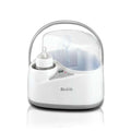White and gray digital baby bottle sterilizer with clear dome lid, carrying handle, digital display, and control buttons