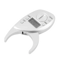 Silver digital body fat caliper with sleek ergonomic design and small lcd screen displaying precise measurements