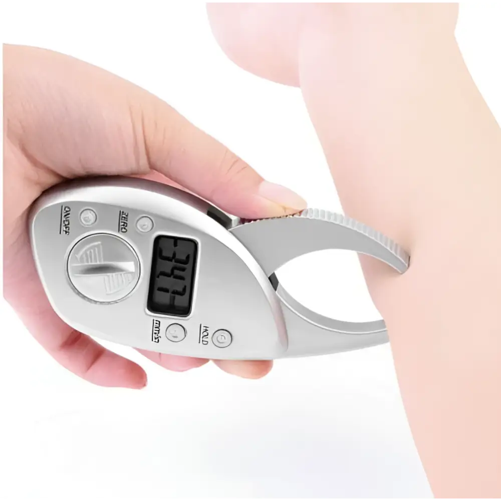 Silver digital body fat caliper with sleek ergonomic design and lcd display measuring wrist circumference