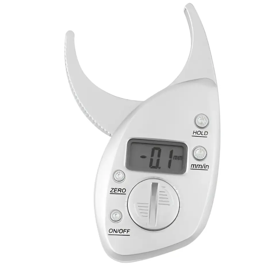 White digital body fat caliper with sleek ergonomic design, curved arms, lcd display, and mm/in unit dial