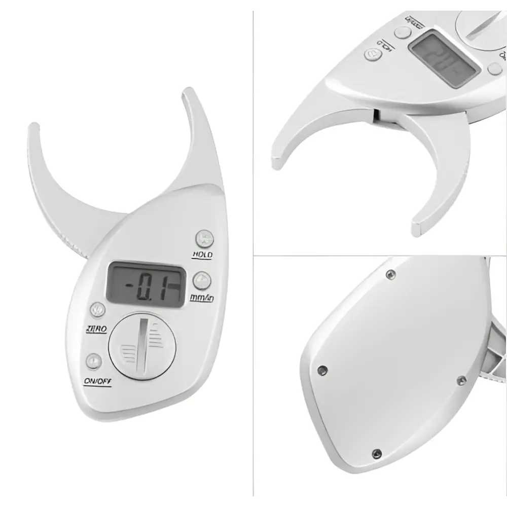 Digital body fat caliper in white with a sleek ergonomic design and lcd display showing precise measurements