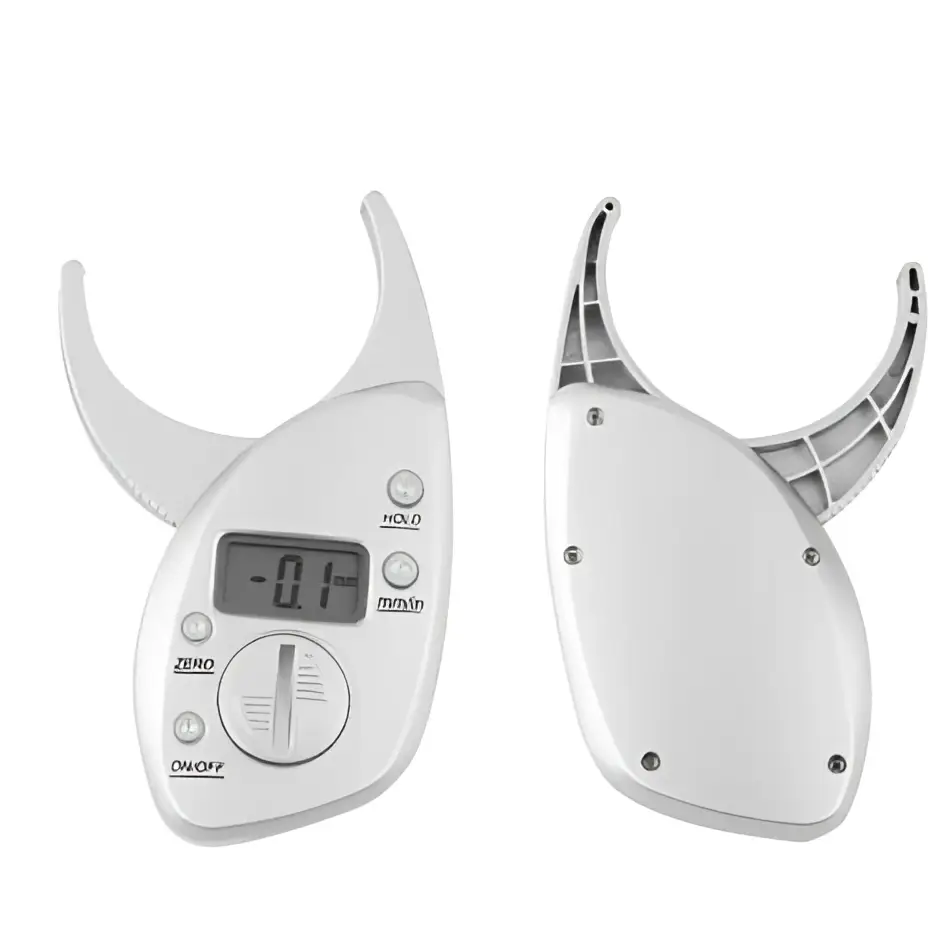 White plastic digital body fat caliper with sleek ergonomic design and lcd display showing precise measurements