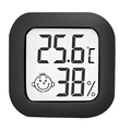 Digital display temperature and humidity meter black square with electronic digital display showing 25.6°c and 38% humidity measurement