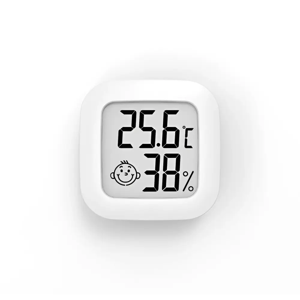 White square digital display temperature and humidity meter with electronic digital display showing 25.6°c and 38% humidity measurement within a practical measurement range