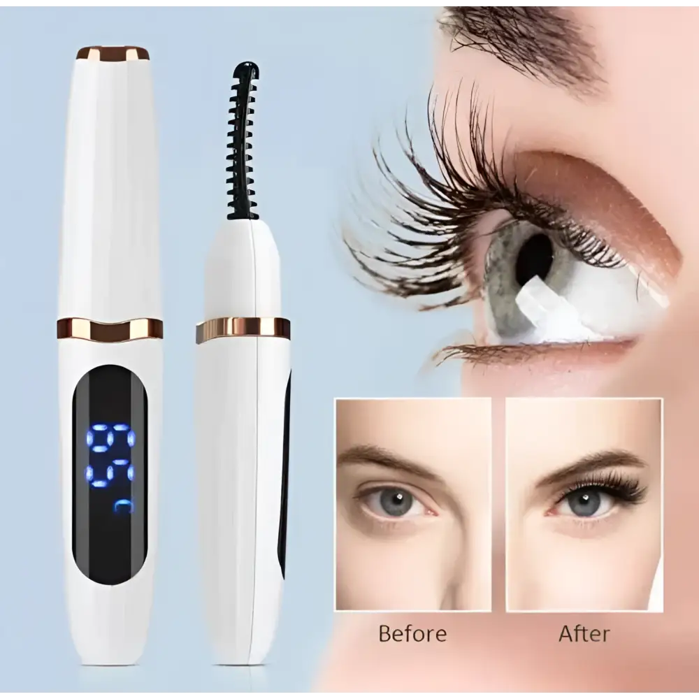 Digital heated eyelash curler in white and gold with rechargeable heated eyelash function and digital display panel