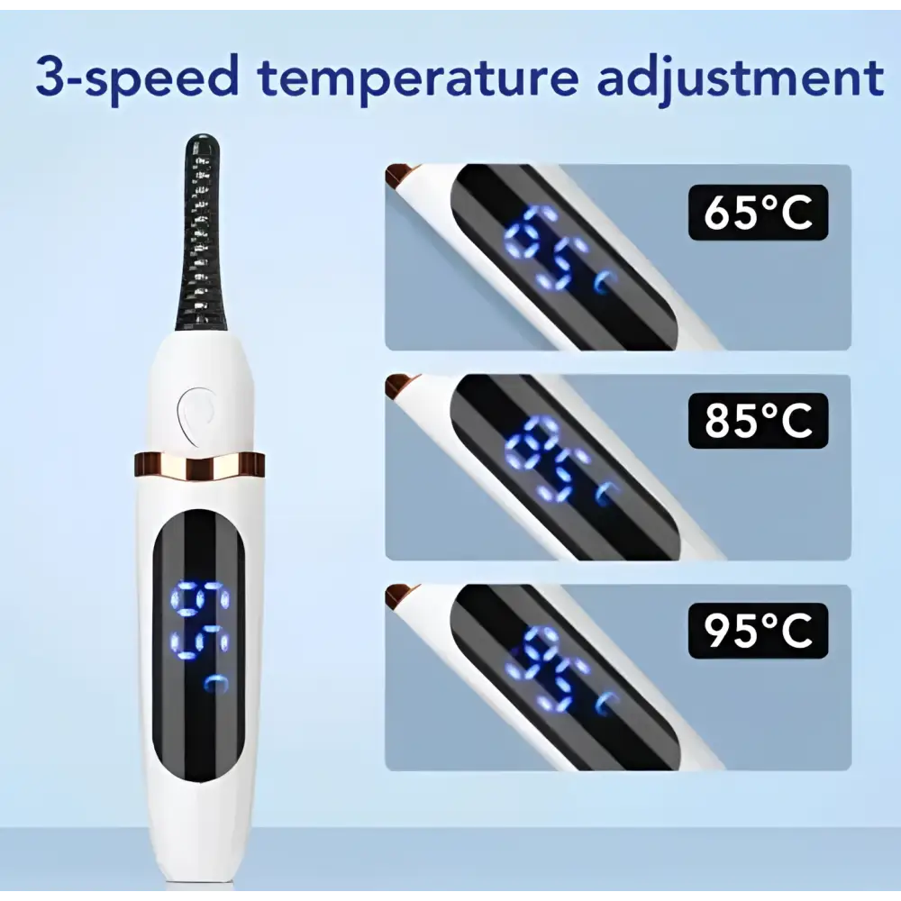 White and gold digital heated eyelash curler with black textured wand and 3-speed temperature adjustment digital display