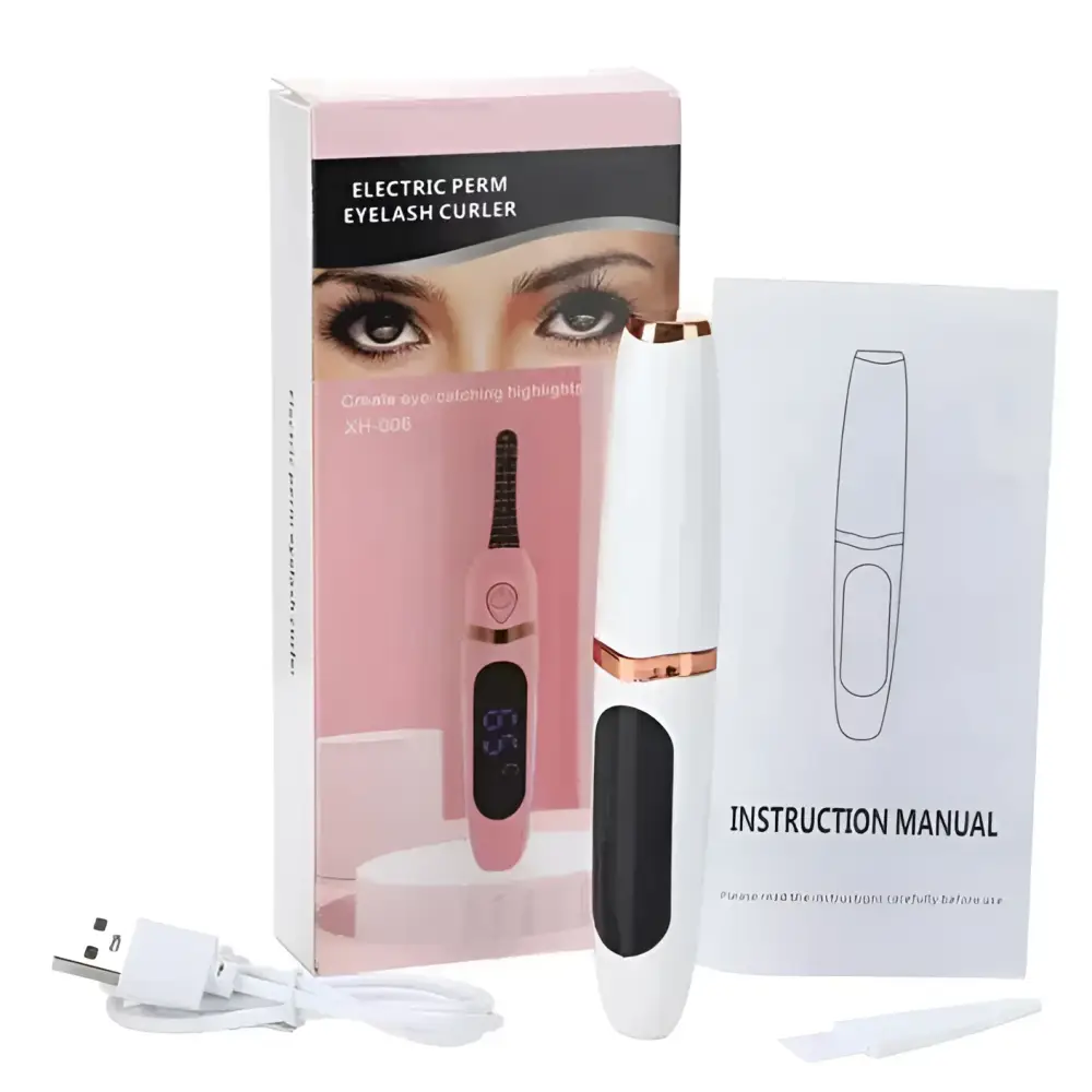 Digital heated eyelash curler in pink and white with rose gold accents featuring rechargeable heated eyelash curler and digital display