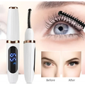 Digital heated eyelash curler in white and rose gold with black spiral brush head and digital display rechargeable heated eyelash device