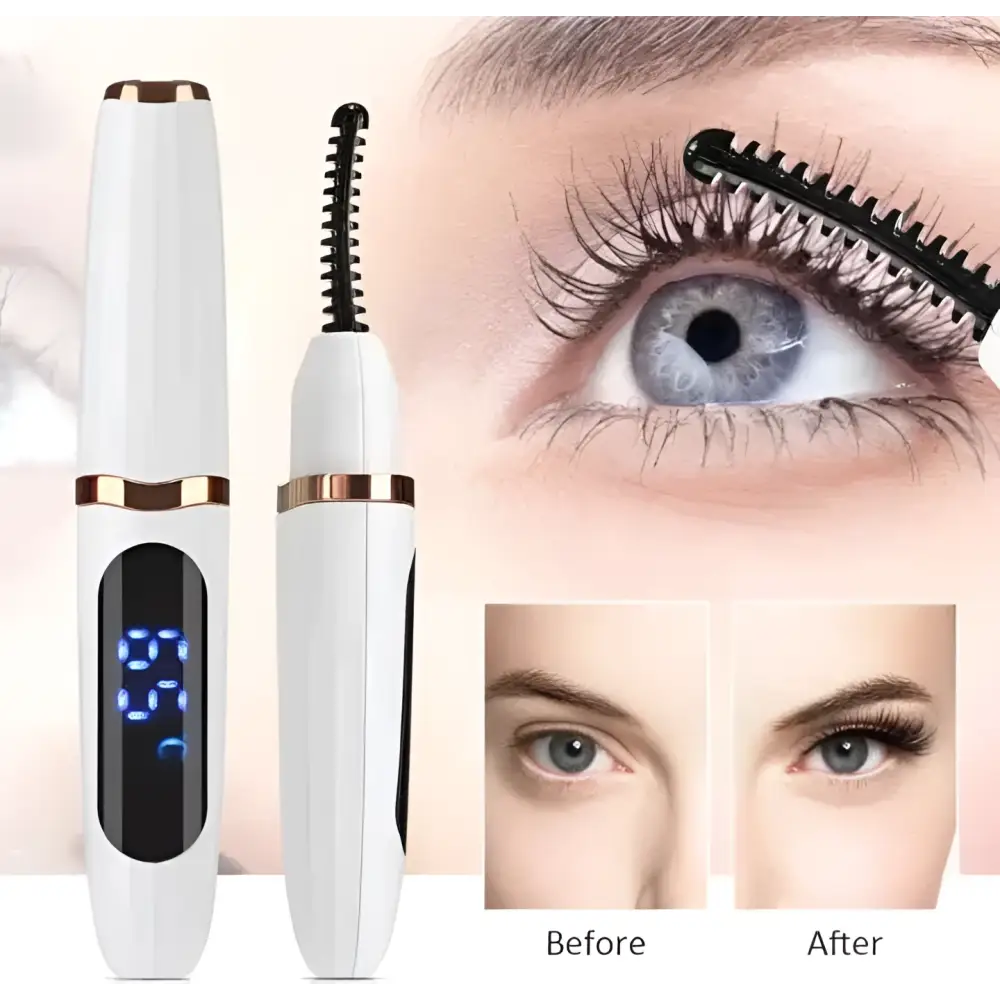 Digital heated eyelash curler in white and rose gold with black spiral brush head and digital display rechargeable heated eyelash device