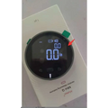 White circular electronic measuring ruler with black bezel and blue led display showing precise electronic measuring in inches