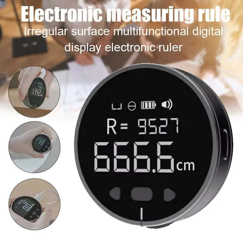 Black circular electronic measuring ruler with digital lcd display showing precise electronic measuring in centimeters