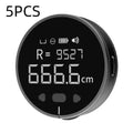 Black circular electronic measuring ruler with silver buttons displaying precise electronic measuring reading 666.6 cm