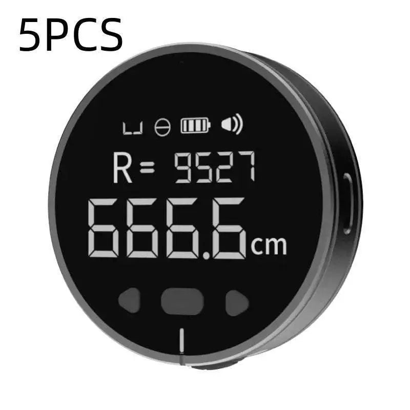 Black circular electronic measuring ruler with silver buttons displaying precise electronic measuring reading 666.6 cm