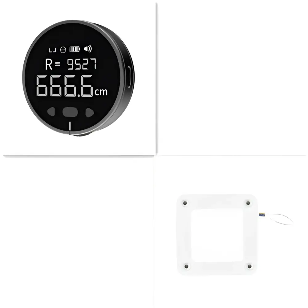 Black circular electronic measuring ruler with precise lcd display showing 666.6 cm and white mounting plate
