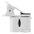 White plastic clip-on magnifier with black adjustable focus ring and clear lens cover for digital microscope camera use