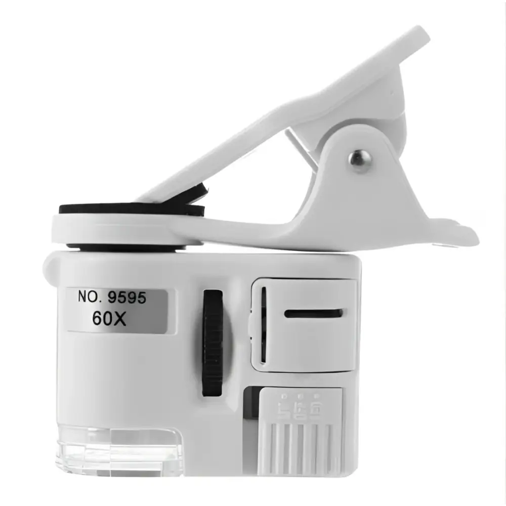 White plastic clip-on magnifier with 60x zoom and adjustable focus for digital microscope camera with led light