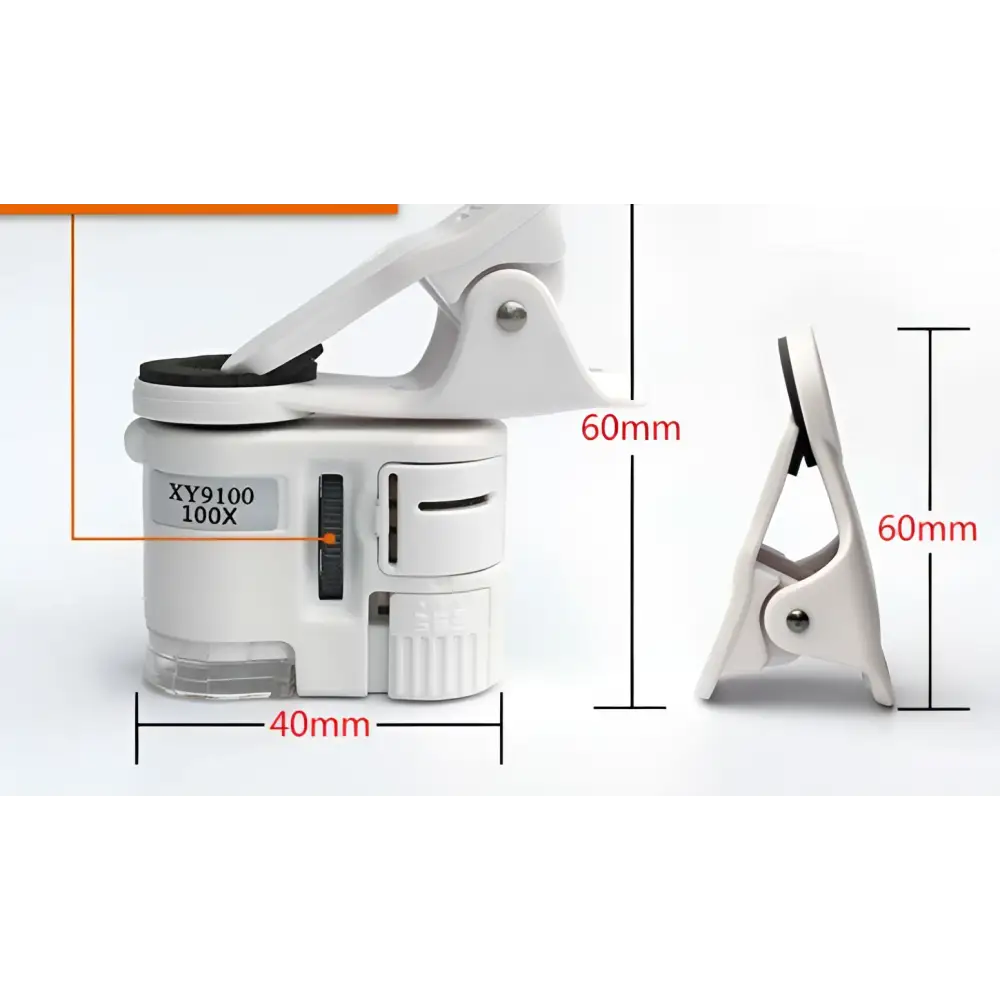 White plastic clip-on magnifier with 100x zoom and adjustable focus labeled xy9100 for digital microscope camera use