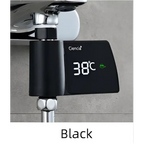 Black digital plastic visual shower faucet water thermometer by cencia showing 38°c with green indicator light for consumption water monitoring