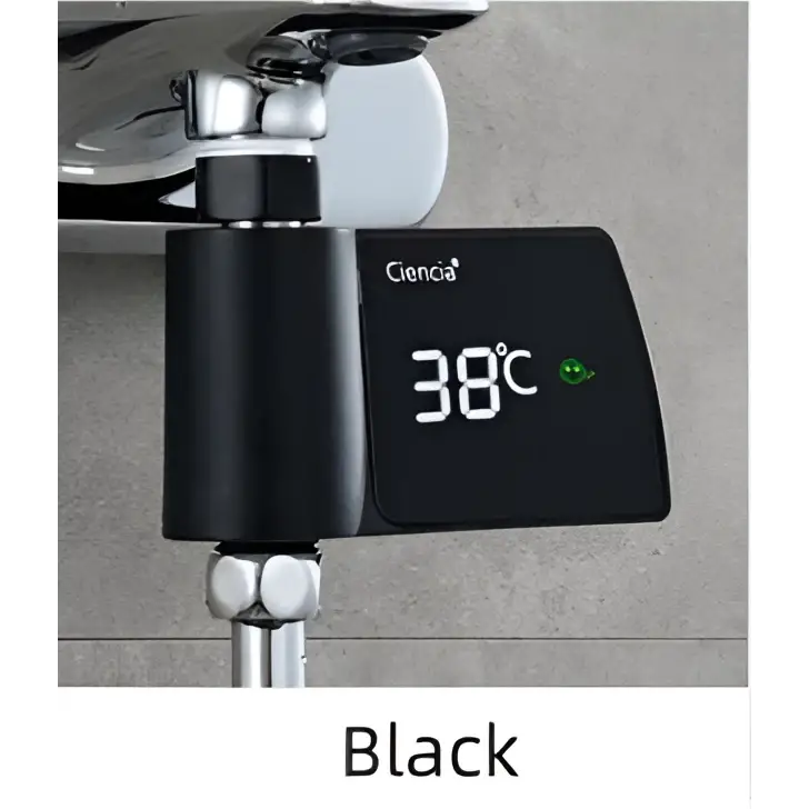 Black digital plastic visual shower faucet water thermometer by cencia showing 38°c with green indicator light for consumption water monitoring