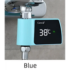 Light blue digital plastic visual shower faucet with temperature control and consumption water monitoring at 38°c display