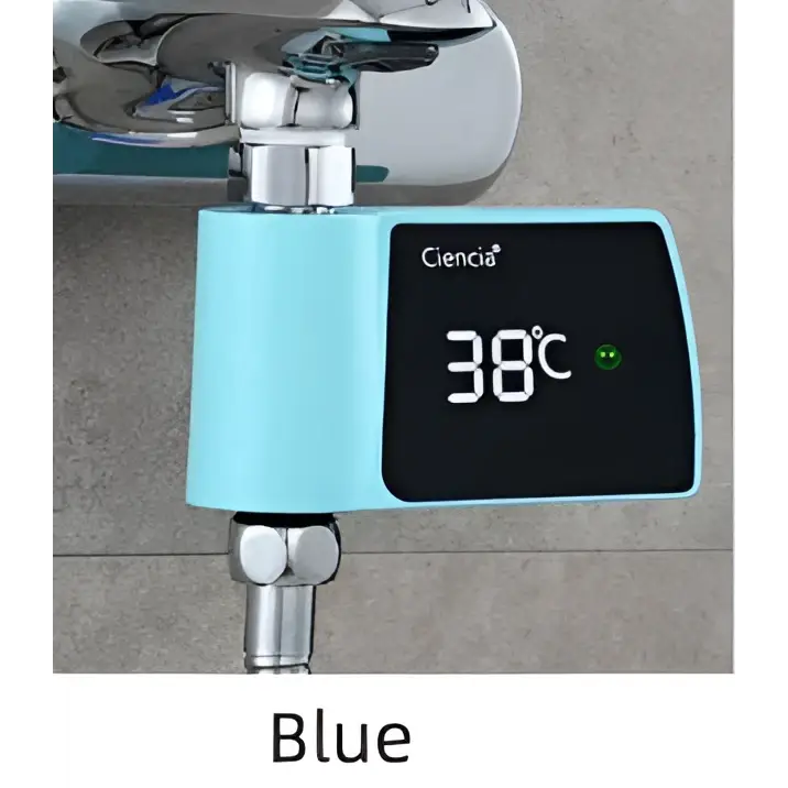 Light blue digital plastic visual shower faucet with temperature control and consumption water monitoring at 38°c display