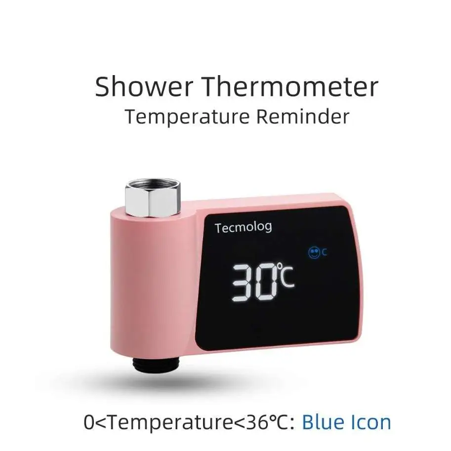 Digital plastic visual pink tecmolog shower thermometer with digital display showing 30°c and silver faucet connection for consumption water monitoring